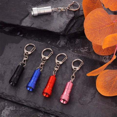 Ten Pack Mini LED Keychain Flashlights with Hooks for Camping in five colors displayed on a dark surface with orange leaves