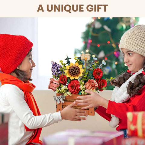 Two children exchanging the 3D Wooden Bloom Box Puzzle Desktop Bouquet Kit For Adults with intricately carved flowers