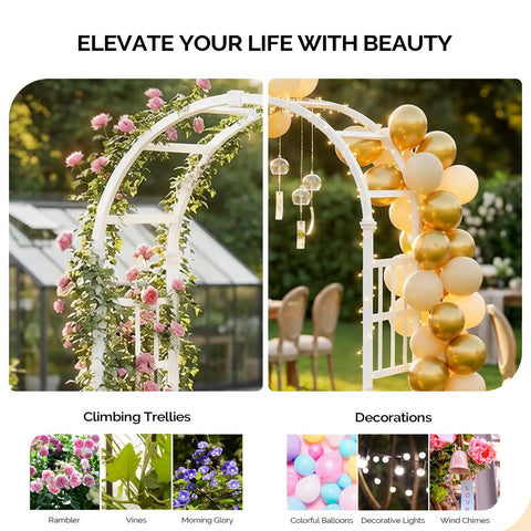 Heavy Duty PVC Garden Arbor Arch For Plant Climbing, 94 Inch Tall Backdrop Stand with flowers and balloons outdoors
