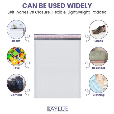 10x13 Inch Poly Bubble Mailers With Self Seal Padded Envelopes For Thick Books, Air Cushioned Protection, multiple uses shown