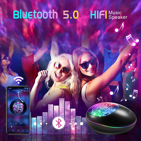 Lit 5 In 1 Galaxy Projector For Bedroom With Bluetooth Speaker, vibrant party scene, colorful lights, smartphone display