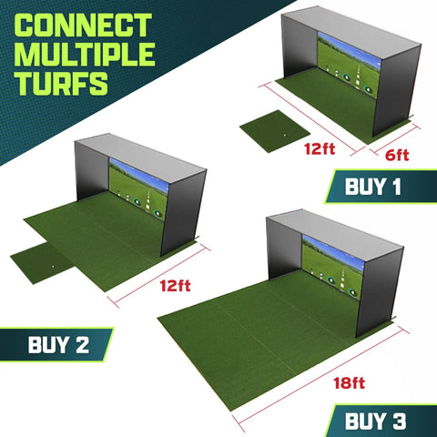 Three images showing 12x6 Ft Golf Simulator Turf Mat 15mm Elite Indoor Golf Mat For Home Setups in different configurations