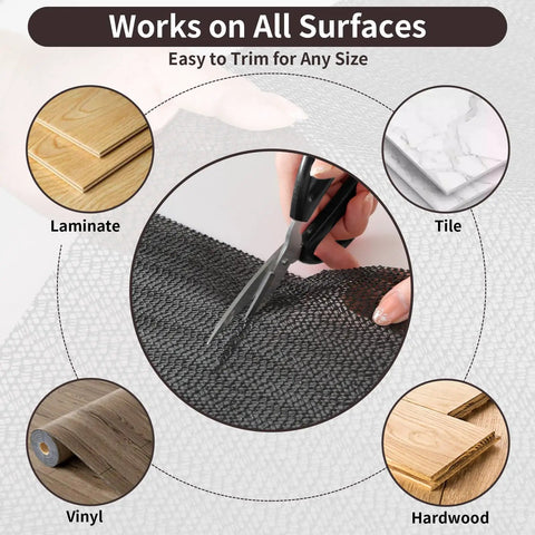Super Strong 4x6 Rug Gripper Pad being cut to fit, suitable for laminate, tile, vinyl, and hardwood floors, non-slip design.