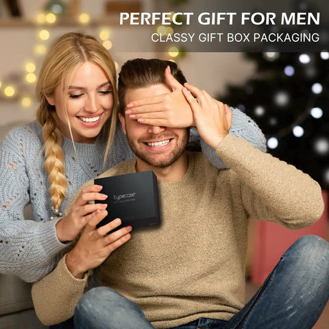 Couple smiling as woman hands man a Pop Up Aluminum Card Wallet With RFID Blocking, perfect gift for men.