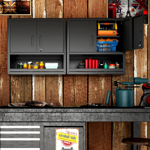 Premium Heavy Duty Wall Mounted Metal Storage Cabinet Lockable Garage Tool Organizer Hanging Workshop Box with tools and supplies inside.