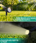 Solar Outdoor Lights 10 LED Landscape Spotlights, day and night view of adjustable wall lights in a garden setting