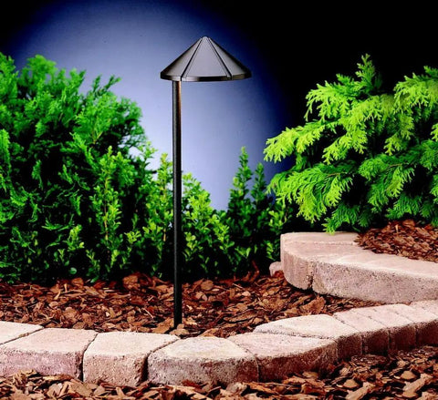 Six Groove Path And Spread 1-Light 12V Landscape Path Light in Textured Architectural Bronze, side-mount, among garden path