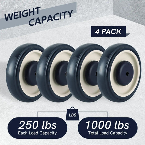 Slick 5 Inch Shopping Cart Caster Wheels 4 Pack featuring durable heavy duty polyurethane tread with 250 lbs each load capacity.