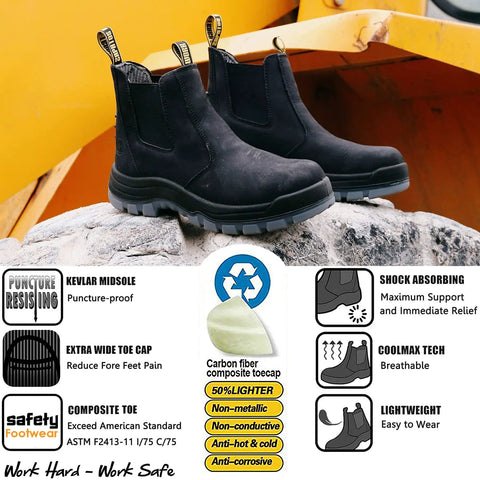 Composite Toe Waterproof Work Boots For Men Slip On Safety Shoes with anti-static, slip-resistant sole on a rocky surface.