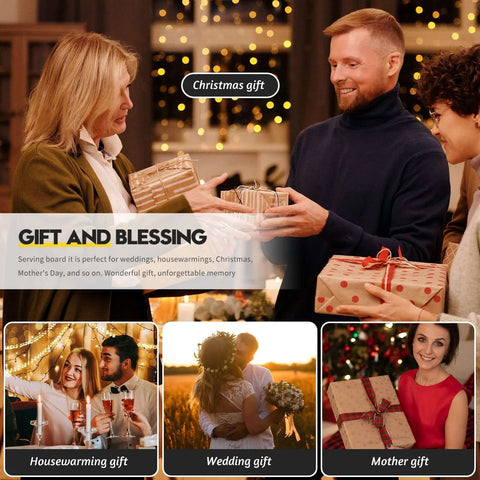 Gift advertisement collage: people exchange wrapped gifts in a festive setting; bottom cards say Housewarming gift, Wedding gift, Mother gift.
