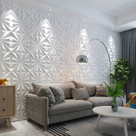 Living room with Easy Peel And Stick 3D Wall Panels For Interior Decor, Premium PVC White Tiles With Star And Diamond Pattern.