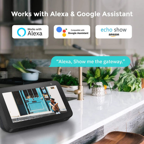 Smart display on a kitchen counter showing 1080P WiFi Outdoor Security Cam With Motion Alerts Two Way Audio Infrared Night Vision Waterproof Shield SD Card Slot Or Cloud Storage Compatible With Alexa Real Time Mobile Alerts And Live View footage
