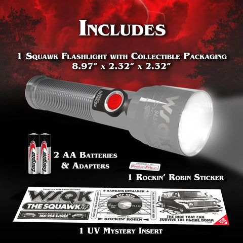 Stranger Things Squawk Dope Retro LED Flashlight With UV And Bright Modes For Camping Official Season 5 Gear displayed with contents