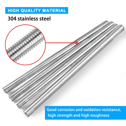 4pcs M5 x 250mm fully threaded stainless steel rods, 304 SS, right-hand threads