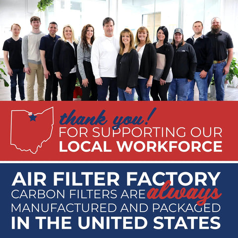 Group photo of Air Filter Factory team members with graphic supporting local workforce and USA manufacturing.
