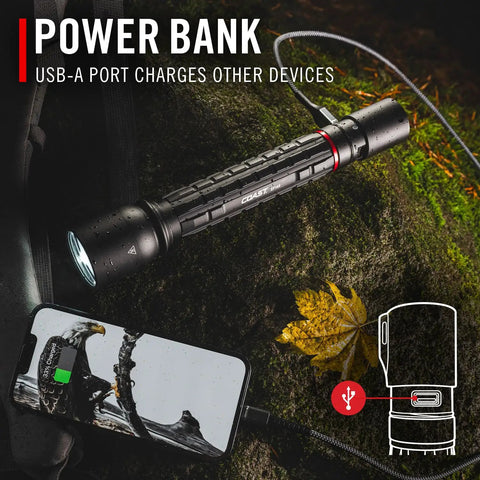 XP14R 4500 Lumen USB C Rechargeable LED Flashlight charging phone with USB-A port on mossy rock, autumn leaf nearby.