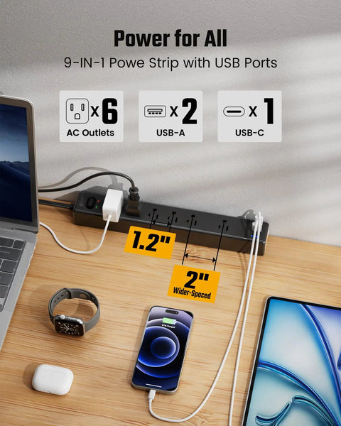 Power Strip With Nine Point Eight Foot Extension Cord And Surge Protector 5 Outlets 3 USB Ports on desk with devices