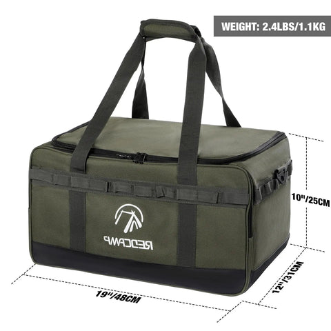 35L Tactical Camping Tote Organizer Duffel Bag, Waterproof Outdoor Storage With 3 Adjustable Dividers And Shoulder Strap For Campsites, Heavy Duty Gear Carrier, Army Green shown with measurements and weight