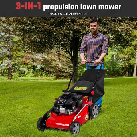 131cc Gas Lawn Mower That Is Self Propelled With Rear Wheel Drive 18 Inch Cutting Width 50L Grass Bag 3 In 1 Mulching Side Discharge Rear Bagging Lightweight Push Button Start Mower Built For Thick Slopes Red, man mowing lawn
