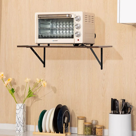 Beefy Heavy Duty 20x12 Inch Shelf Brackets 4-Pack, Black Aluminum Alloy Floating Corner Braces supporting a shelf with toaster oven