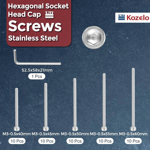 50 Pack M3 Socket Head Cap Screw Kit 304 Stainless Steel Bolts Assortment with Allen wrench, sizes M3x40-60mm.
