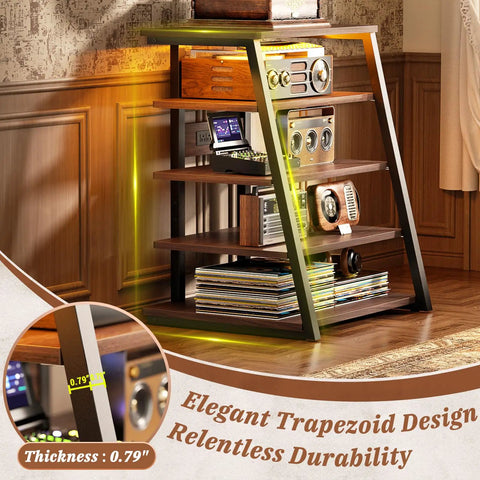 Rock Solid AV Media Stand With Zero Stress Assembly And Five Tier Adjustable Shelves displaying stereo equipment in a stylish trapezoid design.