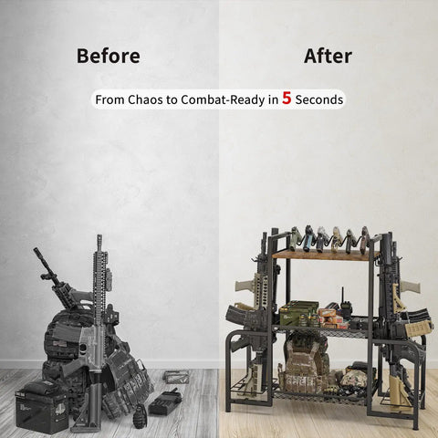 Built Like A Tank Vertical Floor Gun Rack Stores Eight Long Guns And Six Pistols With Rust Resistant Steel Frame, before and after organization display.