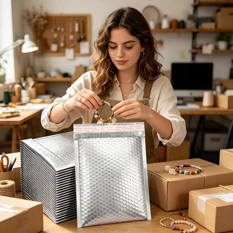 Bulk 30 Pack Thermal Bubble Mailers 9.5 X 11 Inch Insulated Self Sealing Waterproof Metallic Foil Padded Envelopes, woman packing goods