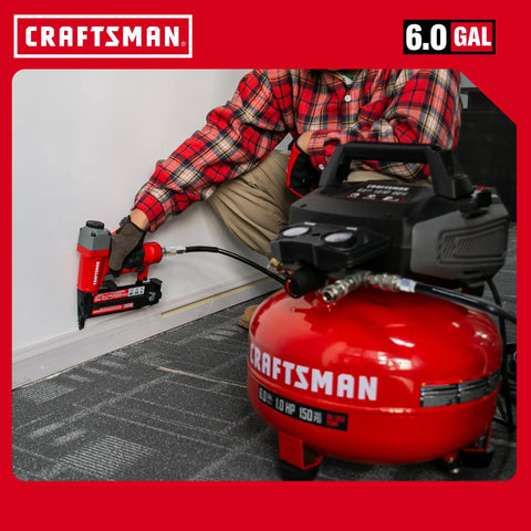 Craftsman 6 Gal Pancake Air Compressor With Oil-Free Tank Generating A Punchy 150 Psi For Swift Recovery used with brad nailer on trim.