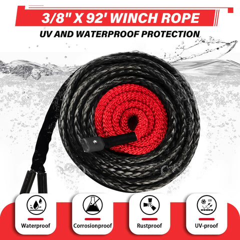 Coiled 3/8" x 92' synthetic winch rope with red and black strands, highlighting waterproof protection features