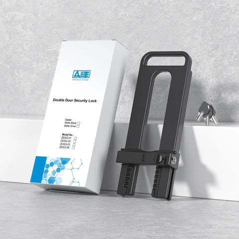 Tough As Nails Double Door Security Lockout For French Doors Kickproof Reinforcement Shield with matte black knob and included keys.