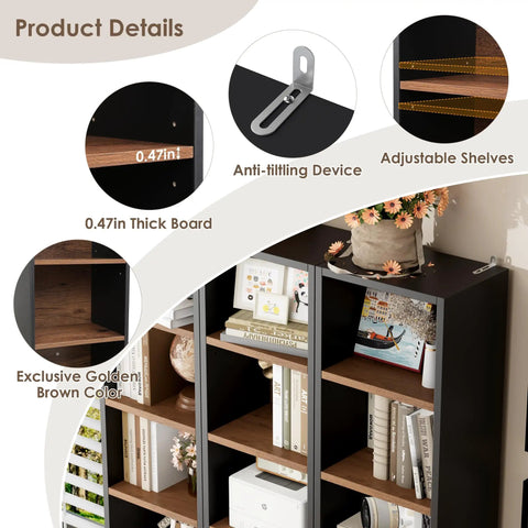 Heavy Duty Eight Tier Narrow Bookshelf With Adjustable Wooden Shelves features anti-tipping device and thick board in golden brown.