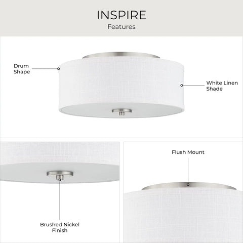 Two Light Flush Mount Ceiling Light With Summer Linen Shade In Brushed Nickel Finish features drum shape and flush mount.