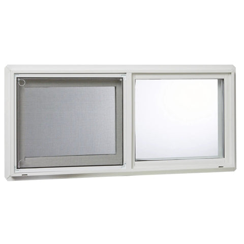 Vinyl Basement Slider Window 32 By 18 Inches White Built Tough With Heavy Duty Welded Sash And Main Frame For Easy Glide Interlocking Design Ideal For New Construction And Remodeling. Front view showing dual-pane glass and frame.