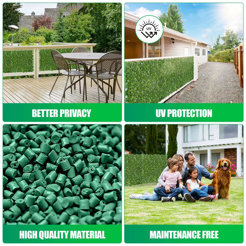 Artificial Ivy Privacy Fence Screen One Piece 240 By 40 Inches UV Resistant Outdoor Hedge displayed in garden settings