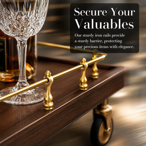 Elegant display of 16 Piece Brass Railing Spindle Kit With Screws on a wooden bar cart, featuring gold metal safety posts.