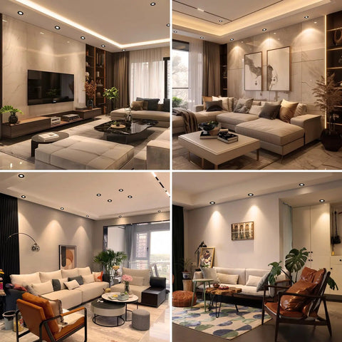 Modern living room with 2 Inch LED Downlight Recessed Lighting 3W COB Dimmable Warm White 3000K CRI 80 Black Trim Kit