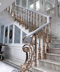 Tough As Nails Adjustable Staircase Railing Balusters 15 Piece Set featuring rose gold spindles and ornate design in elegant home.