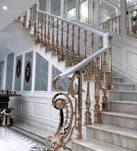 Tough As Nails Adjustable Staircase Railing Balusters 15 Piece Set featuring rose gold spindles and ornate design in elegant home.
