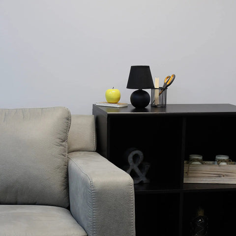 Mini Ceramic Globe Table Lamp With Matching Fabric Shade In Black on modern living room shelf