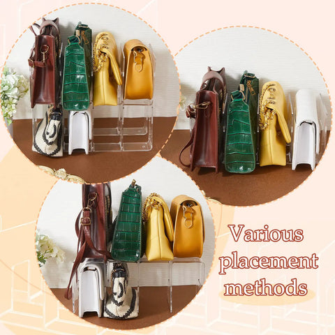 Clear Plastic Purse Organizer For Closet, 13 By 6 By 5 Inches, 4 Section Shelf Dividers, displaying various bags