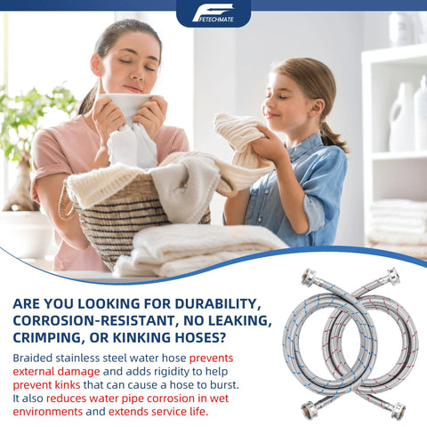 Two braided stainless steel washing machine hoses, 4 ft, 3/4 in NPT connectors, red and blue hot/cold, 2-pack by Fetechmate