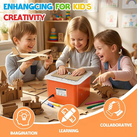 Children using an Electric Cardboard Cutter with Precision Cutting Tool for DIY Crafts, creating models and projects.