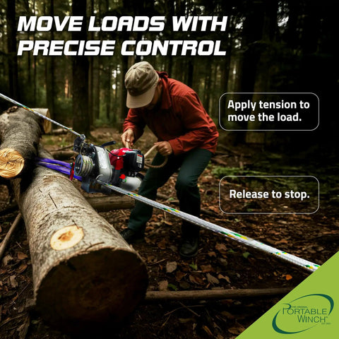 Kickass Gas Powered Capstan Winch in use, moving a log with precise control in a forest setting.