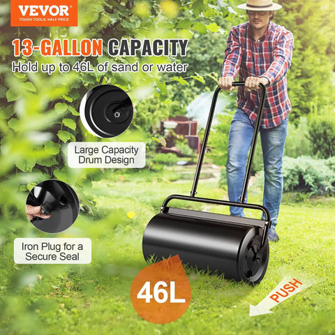 Large Capacity Lawn Roller 13 Gallon Heavy Duty Steel Sand Or Water Filled With Easy Turn Plug And U Shaped Ergonomic Handle