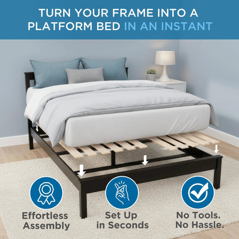 Queen Bunkie Board with Vertical Wood Slats Box Spring Replacement Reinforces Weak Frames Creates Solid Platform Foundation Zero Flex Heavy Duty 60x80 showing easy assembly under mattress.