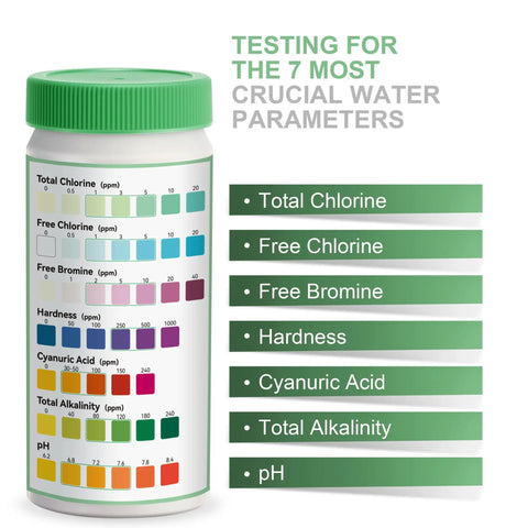 7 In 1 Pool Test Kit With 100 Strips For Home Pool Care Accurate pH Total And Free Chlorine Bromine Hardness Alkalinity And Cyanuric Acid Testing For Pools Hot Tubs And Spas Easy To Read And User Friendly bottle with test results chart