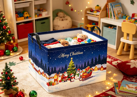Heavy-Duty Rectangular Christmas Basket With Waterproof Polyester Canvas Storage Bin filled with clothes and toys, festive design.