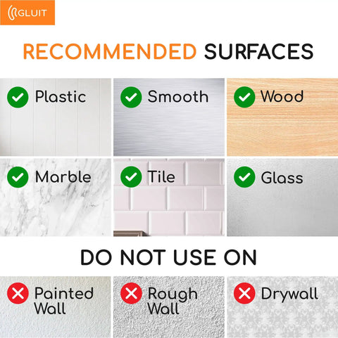 Recommended surfaces for No Drill Adhesive Wall Hooks For Heavy Duty 22-Pound Capacity, Clear And Nearly Invisible, Waterproof.