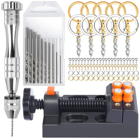 All In One Grab And Go Hand Drill Kit With Pin Vise And Drill Press Vise For DIY Jewelry And Keychain Making Includes 1 Steel Pin Vise 10 Drill Bits 0.8-3mm 210 Keychain Supplies For Epoxy Resin Jewelry Necklaces Earrings And Other Crafts